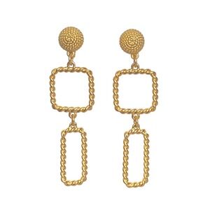 Gold Tone Textured Ball Square Rectangle Drop Dangle Clip On Earrings